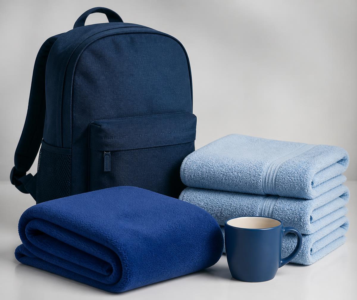 Selección de productos promocionales en tonos azules: morral, cobija, toallas y taza